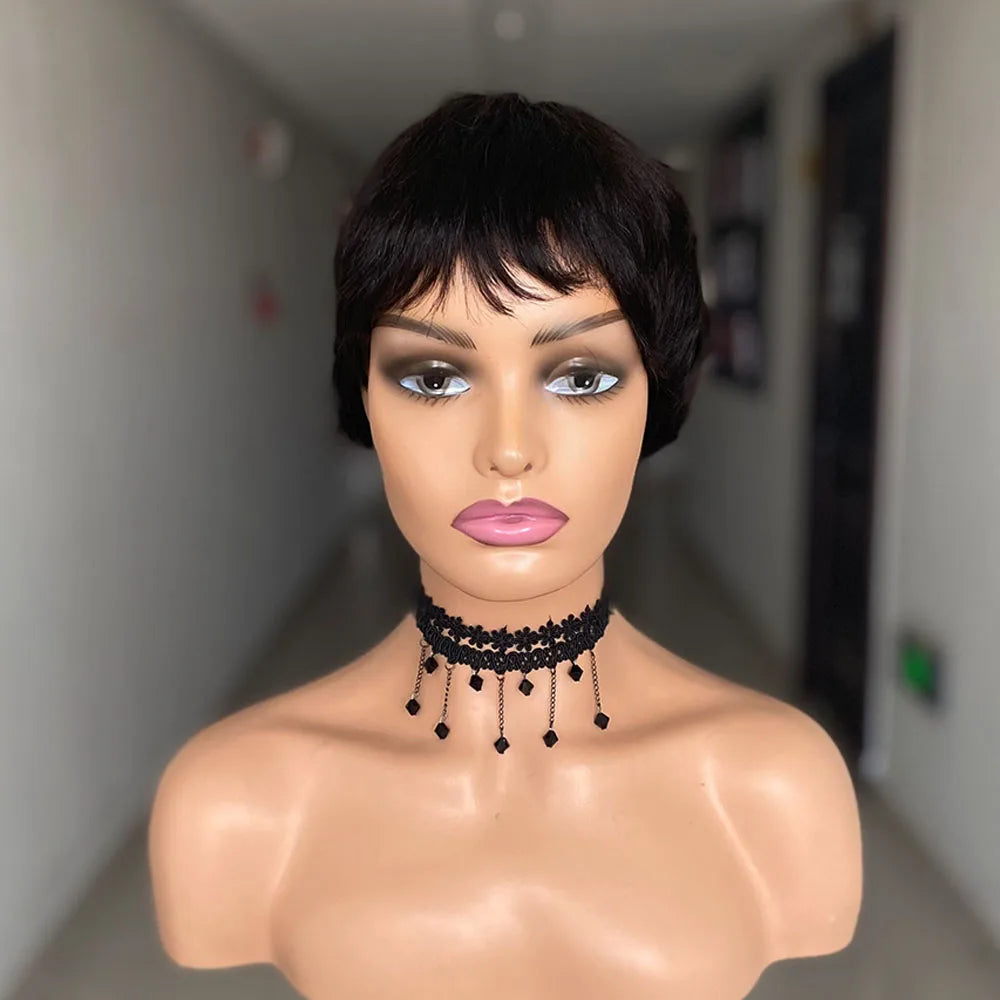 Short Straight Human Hair Wigs Natural Color Brazilian Remy Hair Pixie Cut Wig Cheap Human Hair Machine Wig For Black Women
