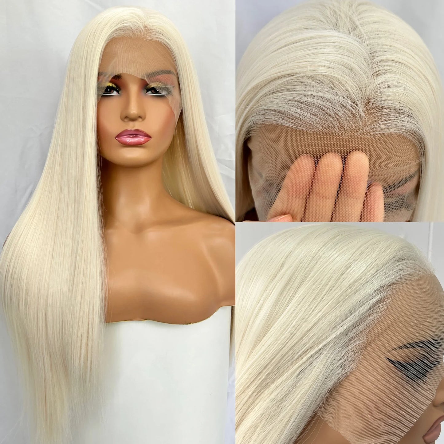 Platinum Blonde Synthetic Lace Front Wig Pre Plucked Long Silky Straight White Blonde 13X4 Heat Resistant Fiber Wigs for Women