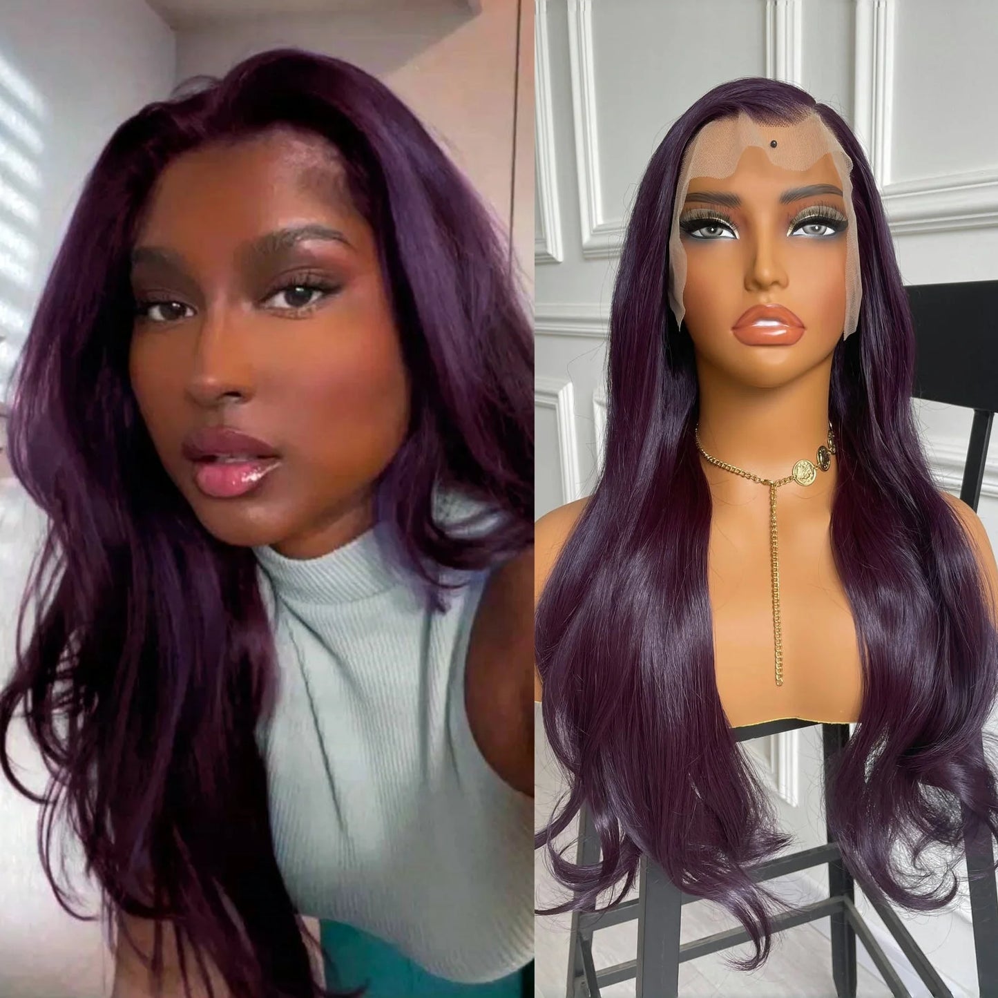 13X4 Dark Purple Wig Synthetic Hair Natural Wavy Lace Front Wig Body Wave Long Hair Colored Lace Frontal Wigs for Women Party