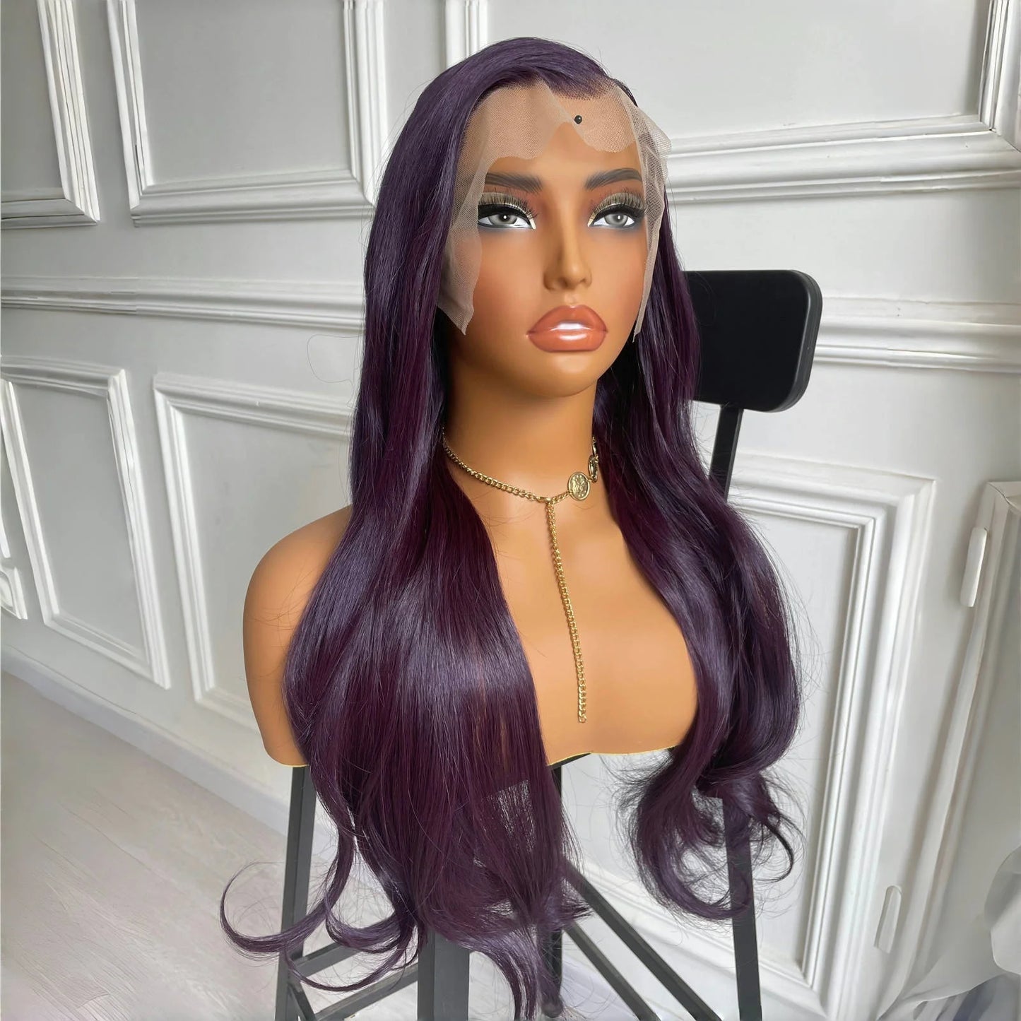 13X4 Dark Purple Wig Synthetic Hair Natural Wavy Lace Front Wig Body Wave Long Hair Colored Lace Frontal Wigs for Women Party