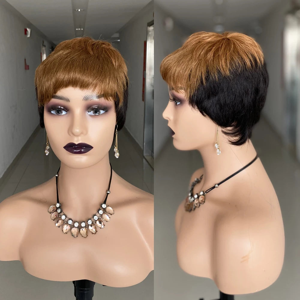 Short Straight Human Hair Wigs Natural Color Brazilian Remy Hair Pixie Cut Wig Cheap Human Hair Machine Wig For Black Women