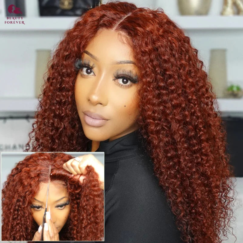 Beautyforever Bye Bye Knots 3.0 Glueless Human Hair Wigs Ready to Wear Jerry Curly Reddish Brown Color Lace Front Human Hair Wig