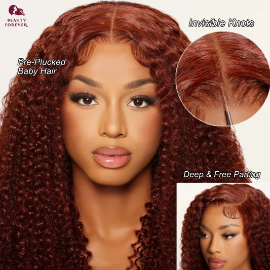 Beautyforever Bye Bye Knots 3.0 Glueless Human Hair Wigs Ready to Wear Jerry Curly Reddish Brown Color Lace Front Human Hair Wig