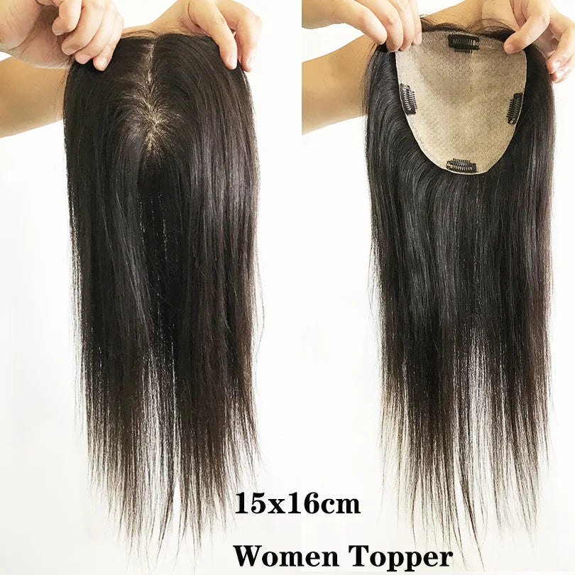 15x16cm Toupee Hair For Women  Topper Human Hair Clips In Silk base Natural Color 130% Virgin Hair Extension