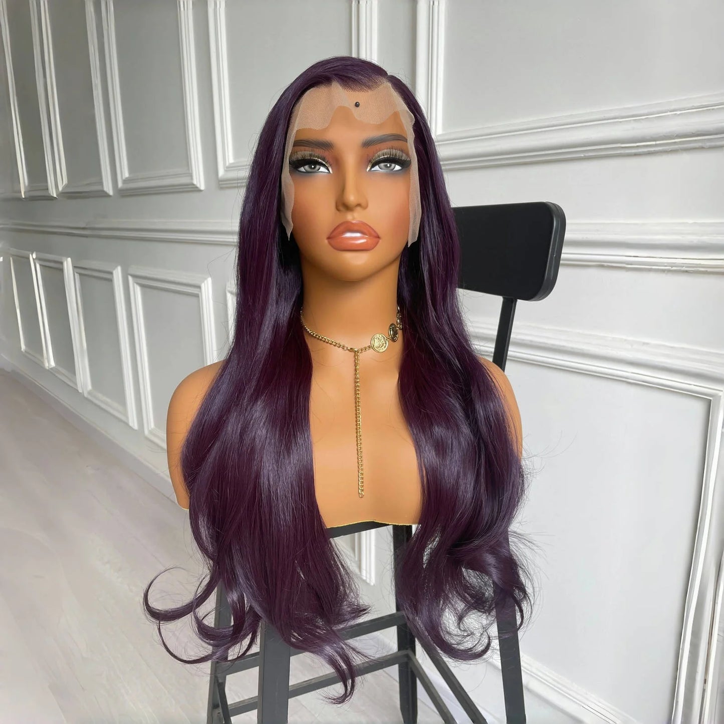 13X4 Dark Purple Wig Synthetic Hair Natural Wavy Lace Front Wig Body Wave Long Hair Colored Lace Frontal Wigs for Women Party