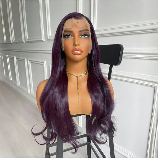 13X4 Dark Purple Wig Synthetic Hair Natural Wavy Lace Front Wig Body Wave Long Hair Colored Lace Frontal Wigs for Women Party