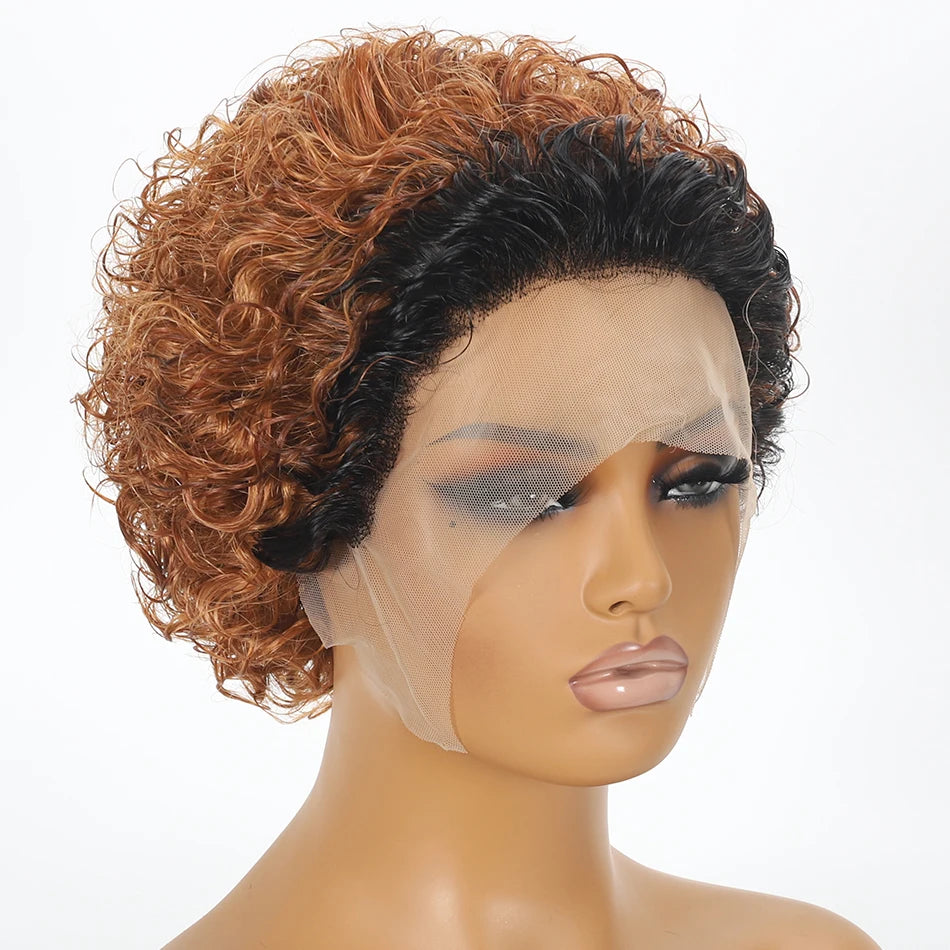 Pixie Cut Wig Kinky Curly Human Hair Wig Honey Blonde Burgundy Colored Short Curly Bob Wigs Pre plucked 13x1 Lace Frontal Wigs