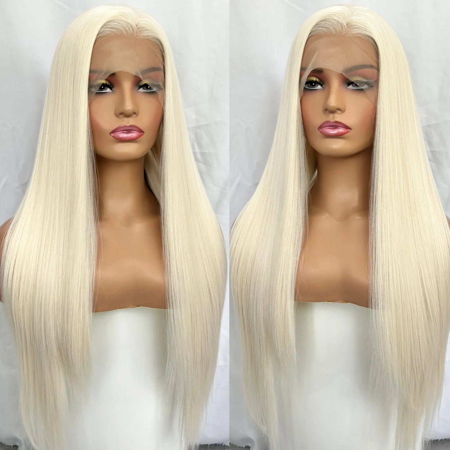 Platinum Blonde Synthetic Lace Front Wig Pre Plucked Long Silky Straight White Blonde 13X4 Heat Resistant Fiber Wigs for Women