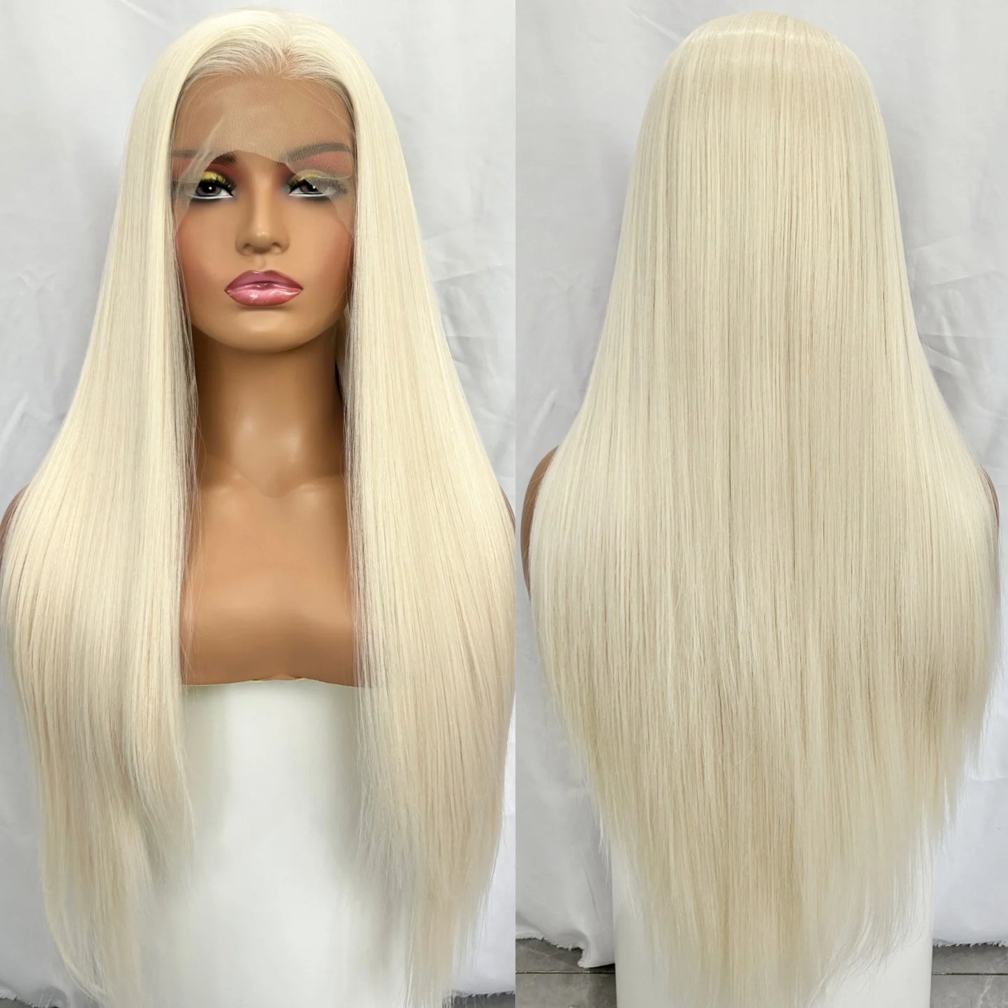 Platinum Blonde Synthetic Lace Front Wig Pre Plucked Long Silky Straight White Blonde 13X4 Heat Resistant Fiber Wigs for Women