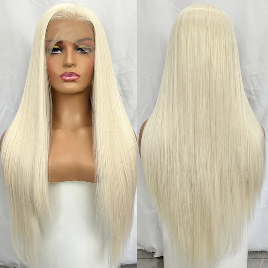 Platinum Blonde Synthetic Lace Front Wig Pre Plucked Long Silky Straight White Blonde 13X4 Heat Resistant Fiber Wigs for Women