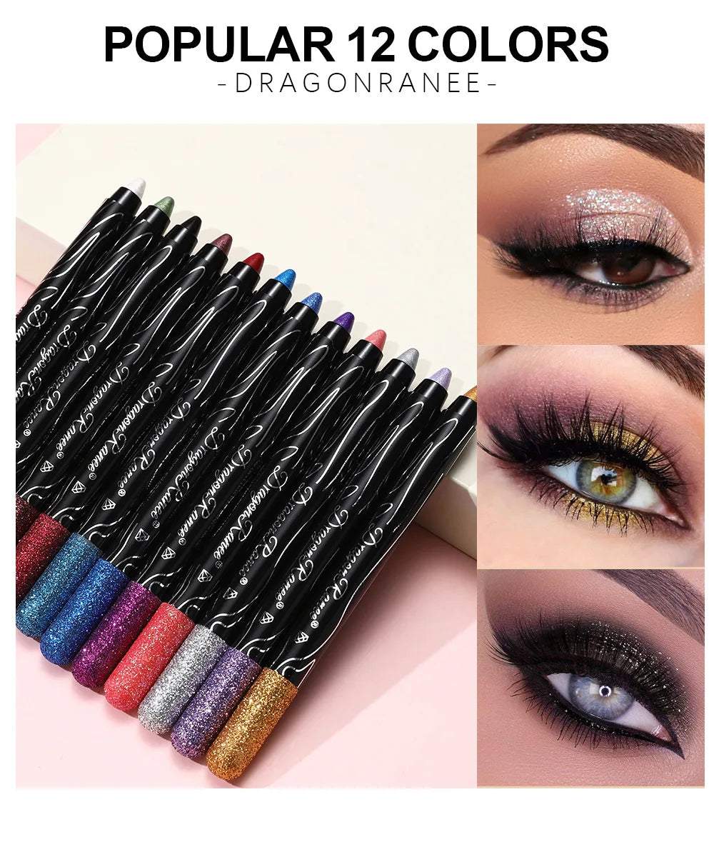 12 Colors Long-lasting Glitter Eyeshadow Pencil Pigment Blue Brown Black Eyeliner Pen Women Fashion Shimmer Eye Shadow Makeup