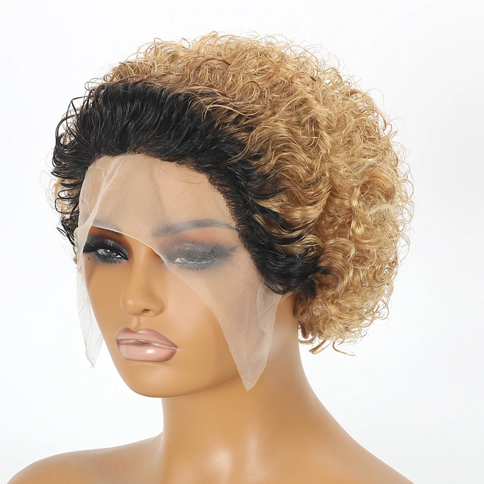 Pixie Cut Wig Kinky Curly Human Hair Wig Honey Blonde Burgundy Colored Short Curly Bob Wigs Pre plucked 13x1 Lace Frontal Wigs