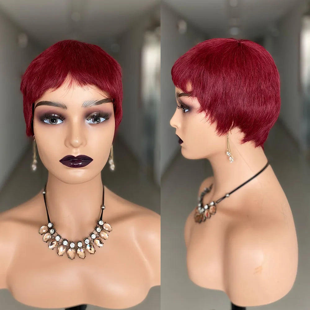 Short Straight Human Hair Wigs Natural Color Brazilian Remy Hair Pixie Cut Wig Cheap Human Hair Machine Wig For Black Women