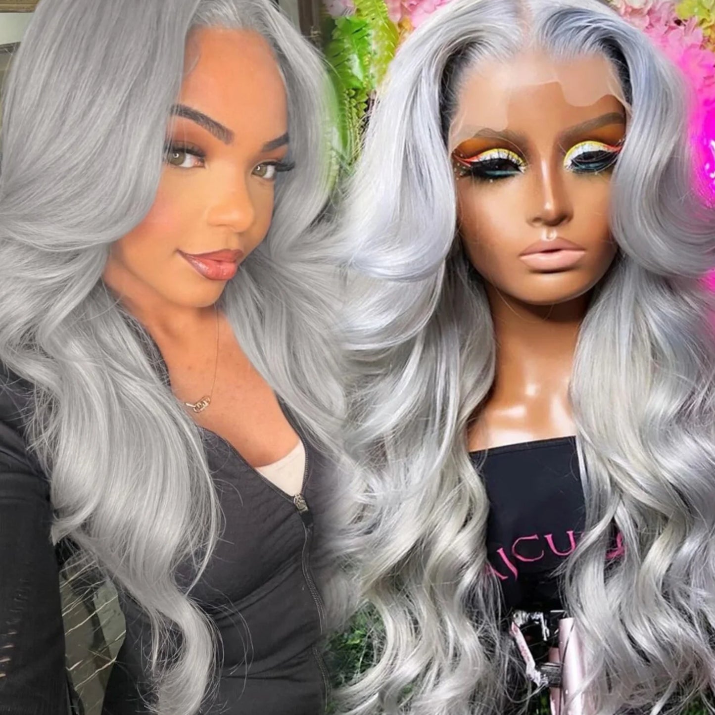 Silver Grey Lace Front Wig Synthetic Lace Wig Glueless Body Wave Long Wavy Silver Wig Body Wave Long Grey Hair Wigs for Women