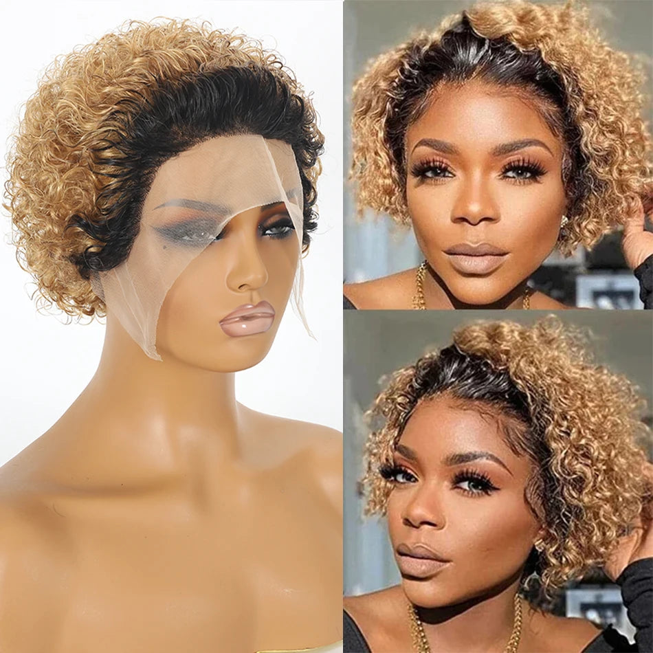 Pixie Cut Wig Kinky Curly Human Hair Wig Honey Blonde Burgundy Colored Short Curly Bob Wigs Pre plucked 13x1 Lace Frontal Wigs