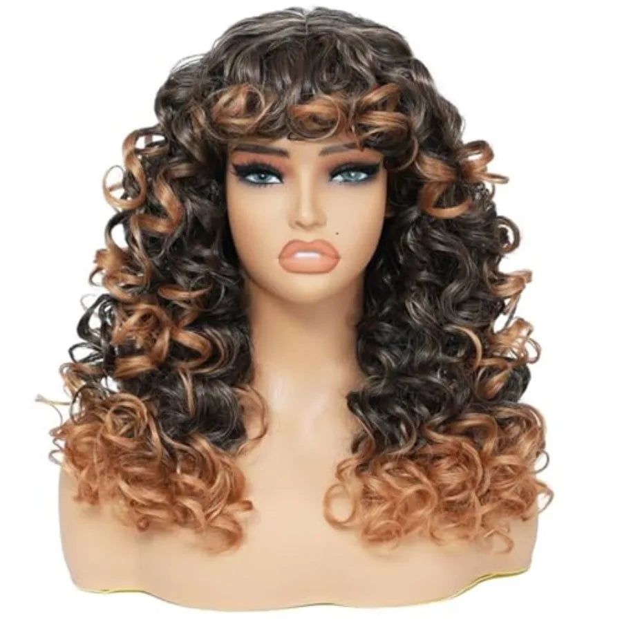 20 Inch Long Big Curly Afro Wig with Bangs Ombre Brown Synthetic Hair Replacement Wig Perfect for Cos