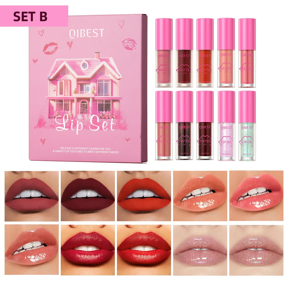 QIBEST Lips Makeup Set Matte Velvet Liquid Lipstick Lip Gloss Non-Sticky Lip Oil Glaze Moisturizing Lip Tint Balm Cosmetics Kits