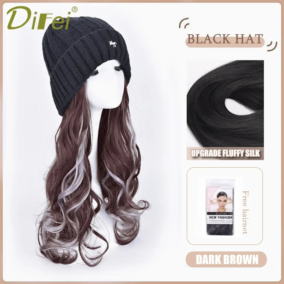 DIFEI Hat Wig One Female Synthetic Wig Fashion Warm Black And White Diamond Lattice Winter Knitted Hat Wave Curly Hair Hat Wig