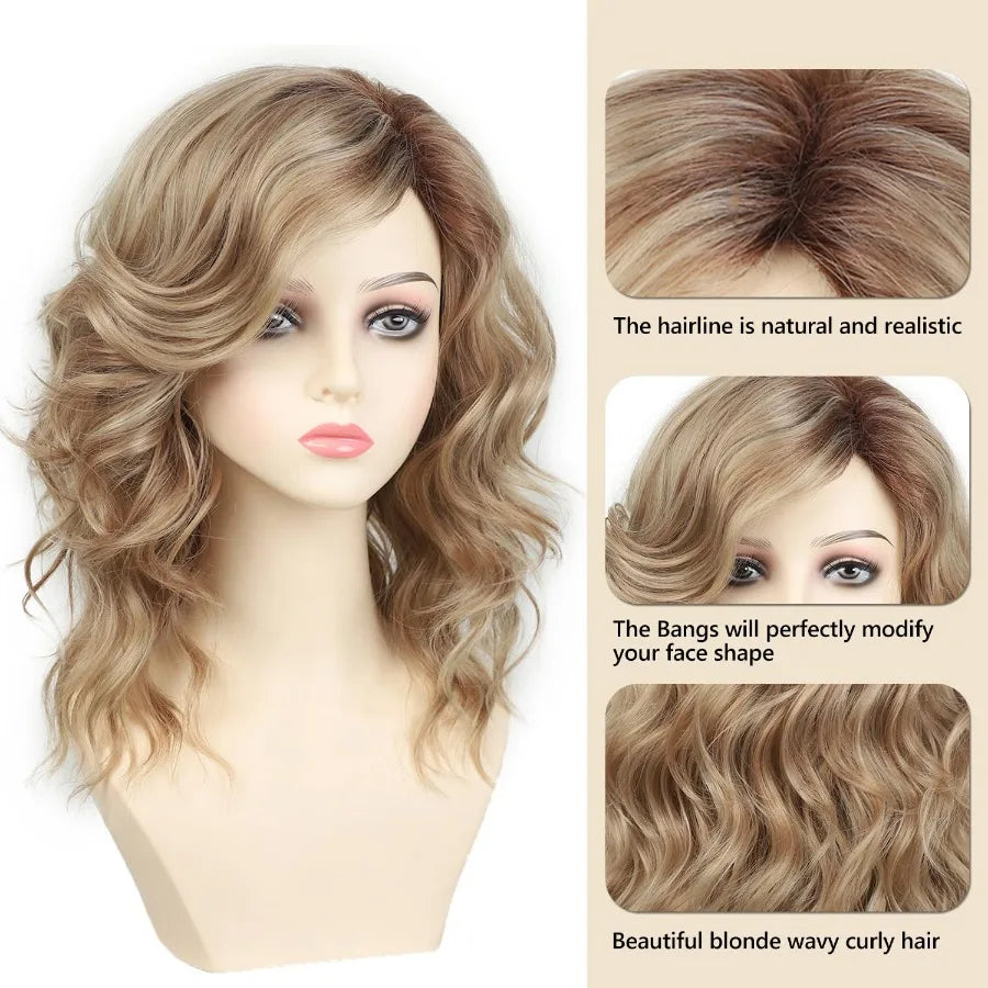 Medium length blonde curly wig featuring short layered wavy bob style synthetic hair wigs ideal for daily wear
