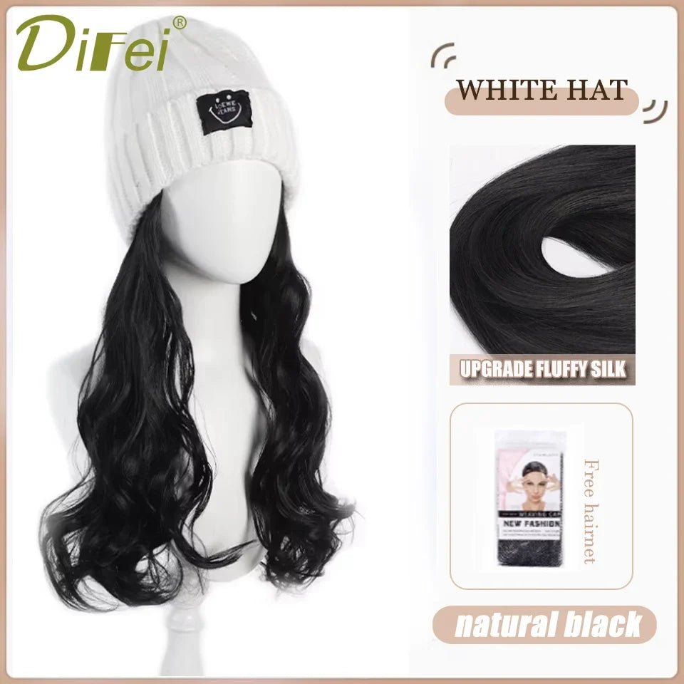 DIFEI Hat Wig One Female Synthetic Wig Fashion Warm Black And White Diamond Lattice Winter Knitted Hat Wave Curly Hair Hat Wig