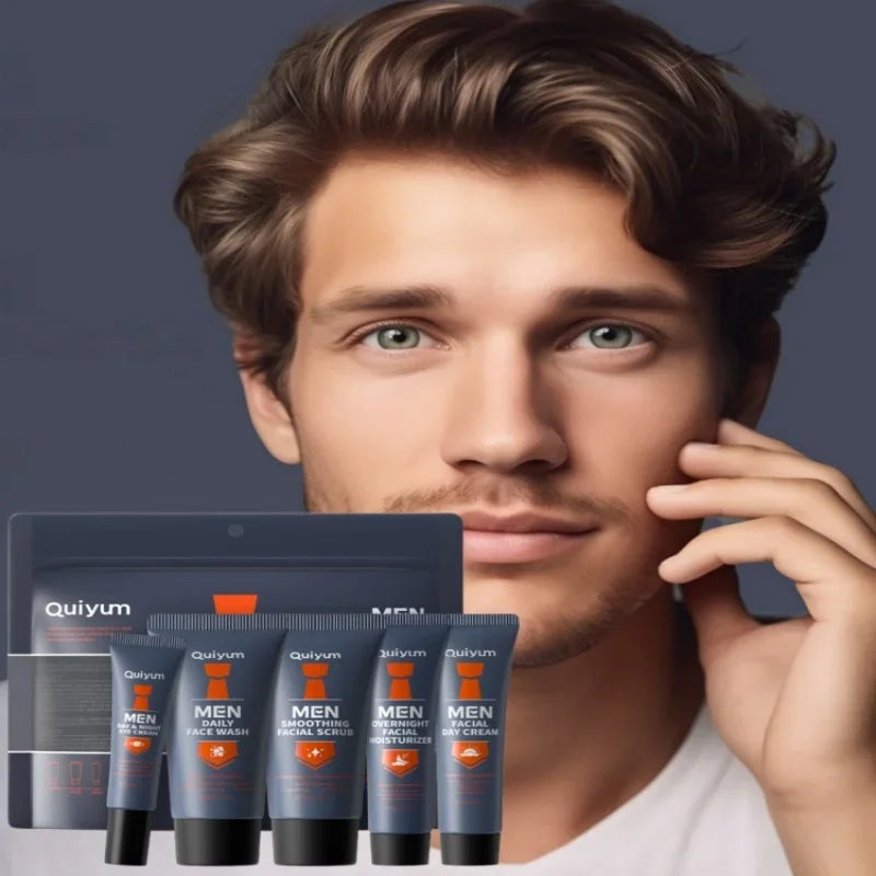 Men Skincare Set 5pcs Facial Scrub Wash Day Night Cream Moisturizer Eye Care Treatment Kit for Healthy Skin