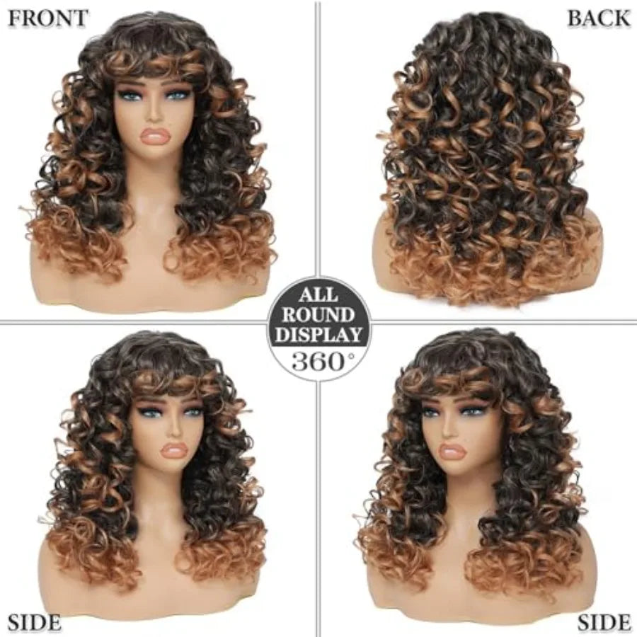 20 Inch Long Big Curly Afro Wig with Bangs Ombre Brown Synthetic Hair Replacement Wig Perfect for Cos