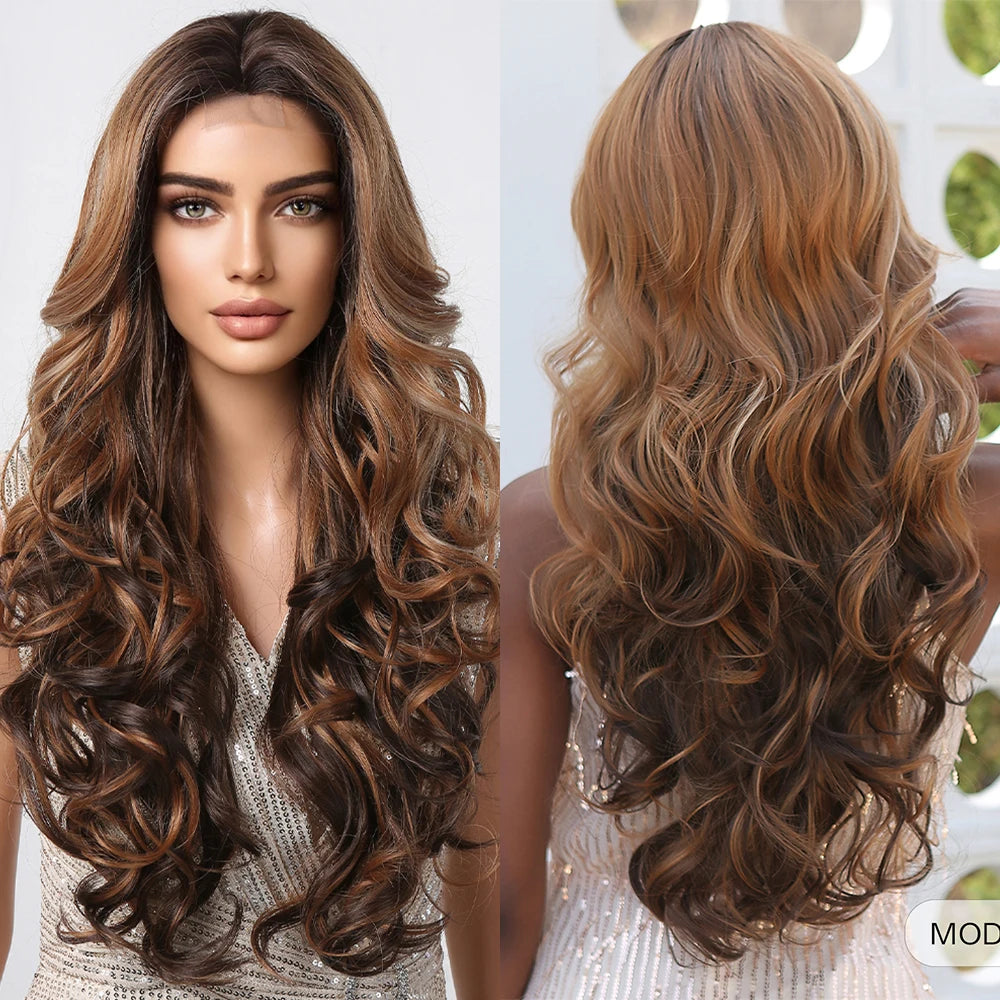 Long Body Wave Wigs Transparent Lace Frontal Synthetic Wig Middle Part Hair Light Golden Wig for White Women Dairly Party