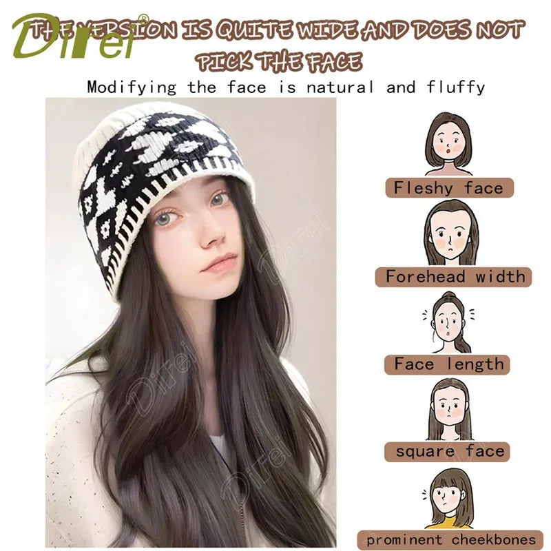 DIFEI Hat Wig One Female Synthetic Wig Fashion Warm Black And White Diamond Lattice Winter Knitted Hat Wave Curly Hair Hat Wig