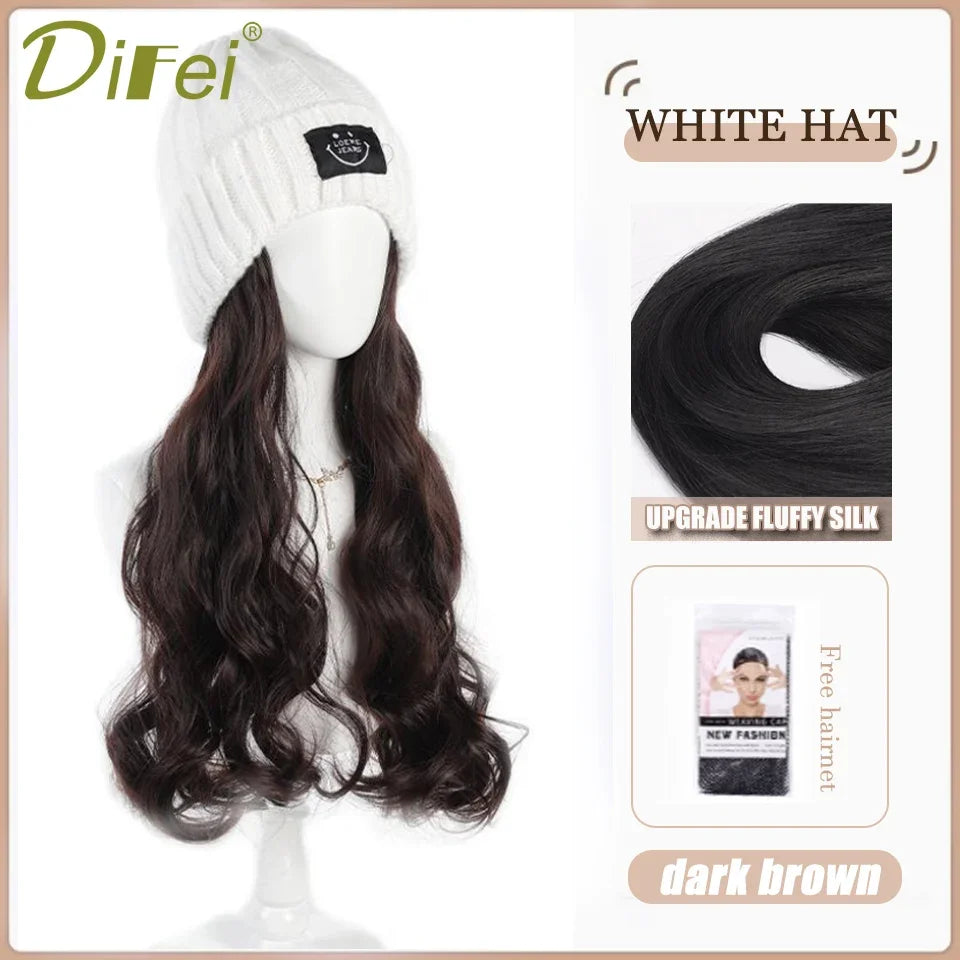 DIFEI Hat Wig One Female Synthetic Wig Fashion Warm Black And White Diamond Lattice Winter Knitted Hat Wave Curly Hair Hat Wig