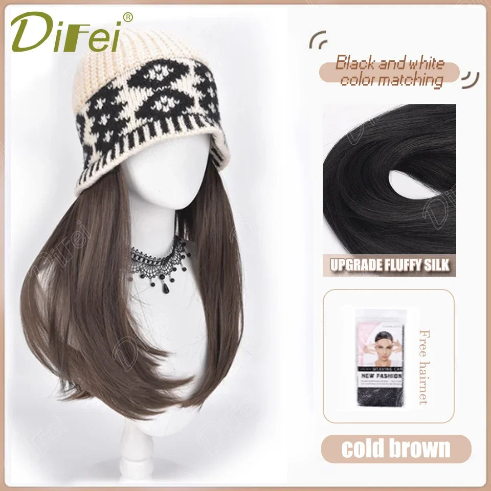DIFEI Hat Wig One Female Synthetic Wig Fashion Warm Black And White Diamond Lattice Winter Knitted Hat Wave Curly Hair Hat Wig