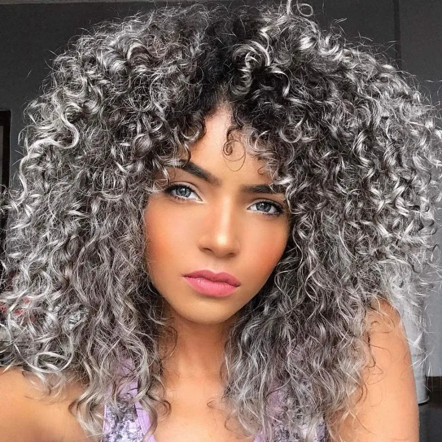 YEAME Curly Wigs Kinky Curly Afro Wig with Bangs Ombre Gray Color Synthetic Mixed Wigs with 1 Wig Comb and 4pcs