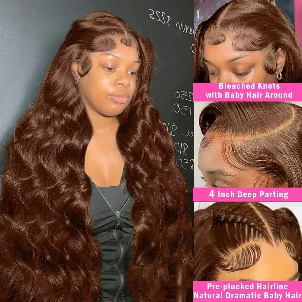 13×4 13x6 HD Lace Frontal Body Wave Wig Chocolate Brown #4 Colored Front Human Hair Preplucked Wigs For Women 200% Density