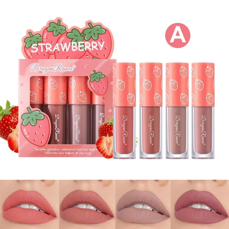 4Pcs/Set Mini Velvet Matte Lip Gloss Non-Stick Cup Lipstick Long-Lasting Fruit Scented Lip Tint Lip Glaze Lips Makeup Cosmetics