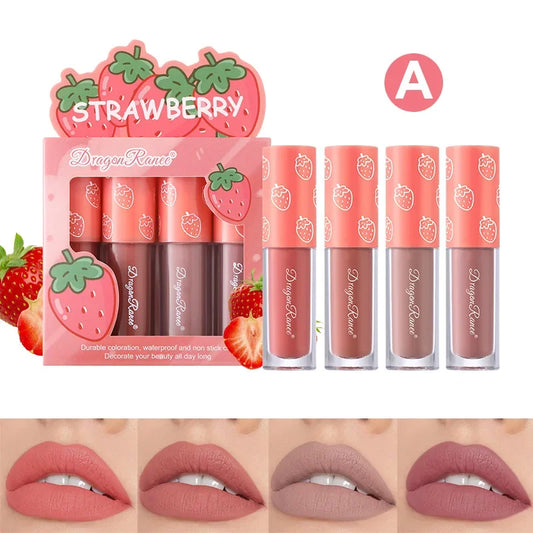 4Pcs/Set Mini Velvet Matte Lip Gloss Non-Stick Cup Lipstick Long-Lasting Fruit Scented Lip Tint Lip Glaze Lips Makeup Cosmetics