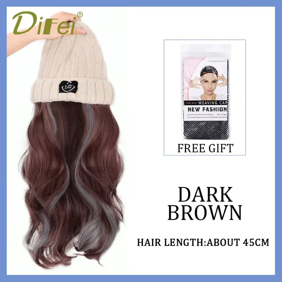 DIFEI Hat Wig One Female Synthetic Wig Fashion Warm Black And White Diamond Lattice Winter Knitted Hat Wave Curly Hair Hat Wig