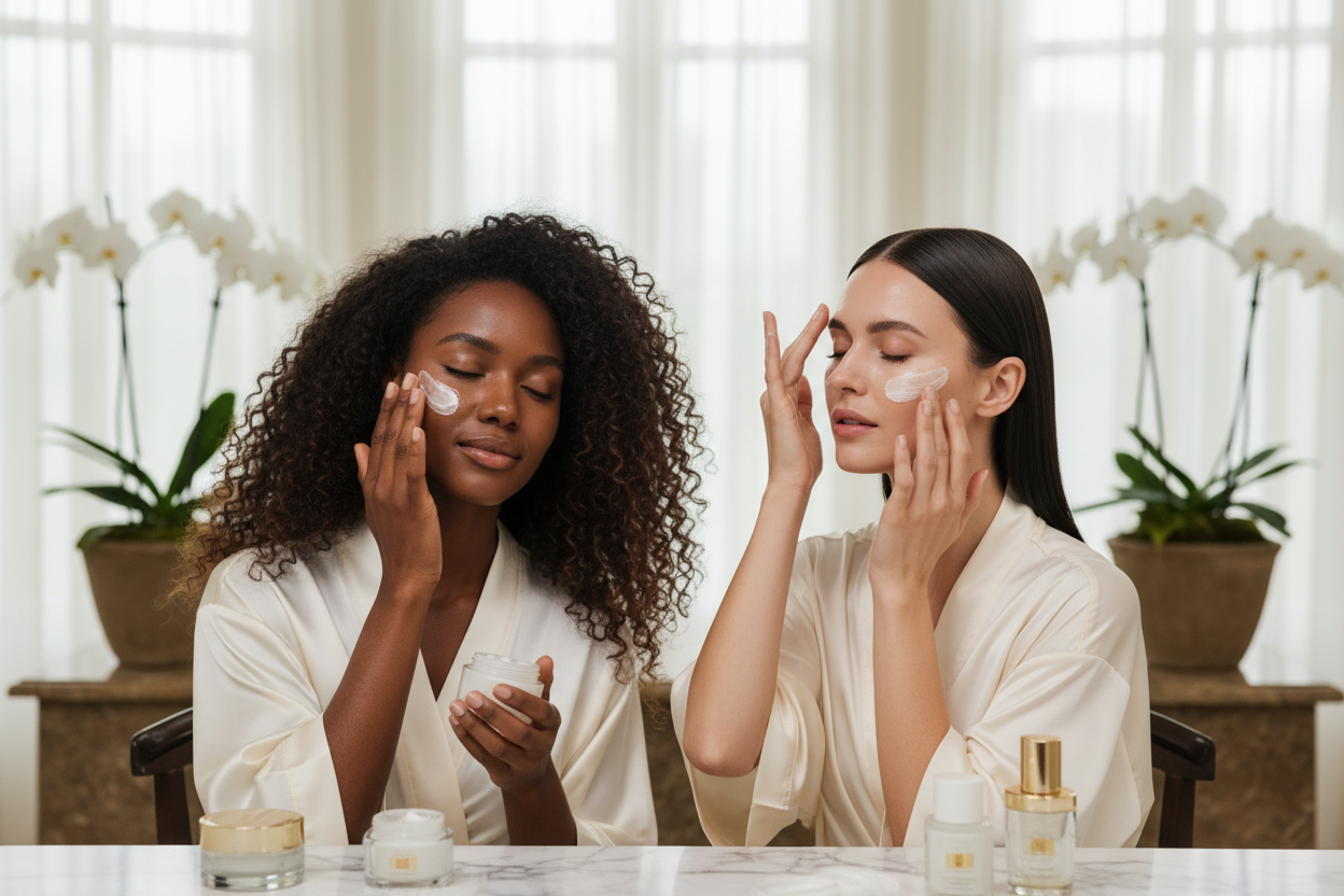 Beautiful black & white women with beautiful hair & beautiful face applying skin care cream