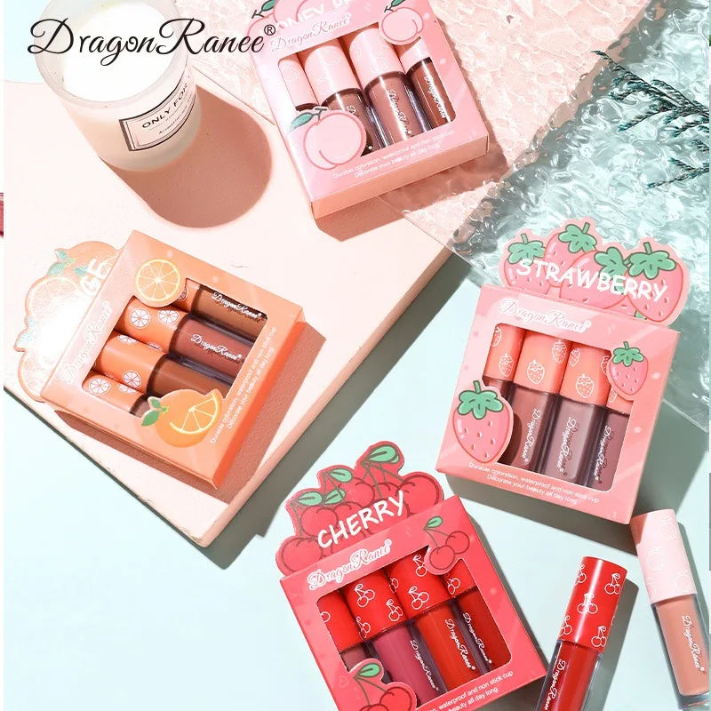 4Pcs/Set Mini Velvet Matte Lip Gloss Non-Stick Cup Lipstick Long-Lasting Fruit Scented Lip Tint Lip Glaze Lips Makeup Cosmetics