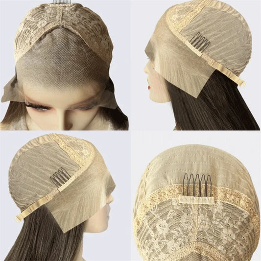 Ombre Blonde with Brown Streaks Synthetic HD Lace Front Wig Short Straight Glueless Bob Wig for White Women Daily Party Use