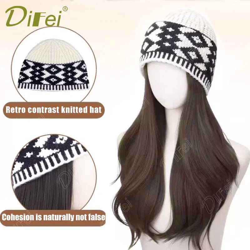 DIFEI Hat Wig One Female Synthetic Wig Fashion Warm Black And White Diamond Lattice Winter Knitted Hat Wave Curly Hair Hat Wig