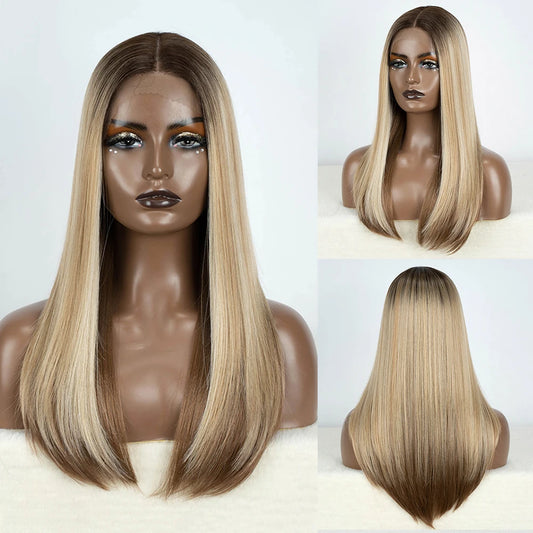 Synthetic Lace Front Wigs 22" Brown Blonde Black Color Hair Natural Bob Wig For Women Lace Wig Heat Resistant Cosplay Wigs