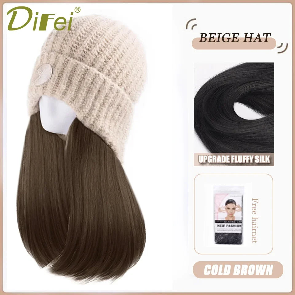 DIFEI Hat Wig One Female Synthetic Wig Fashion Warm Black And White Diamond Lattice Winter Knitted Hat Wave Curly Hair Hat Wig