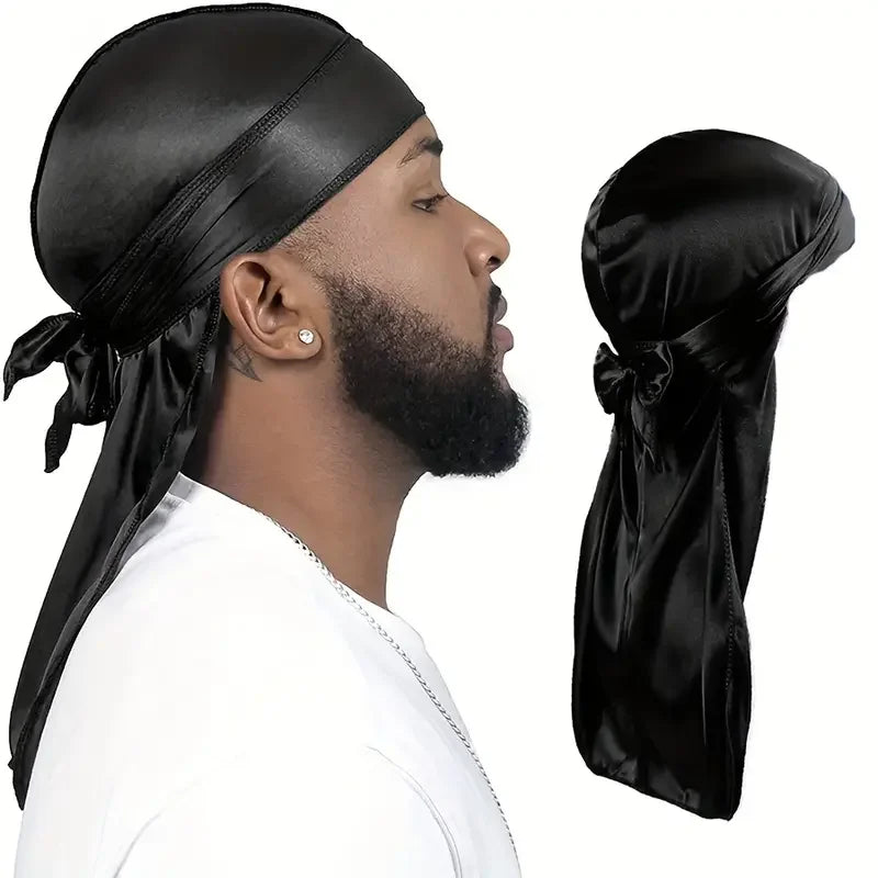 Men's Silky Turban Head Wrap Hat Wig For Men Women Satin Couple Biker Headwear Headband Hair Accessories Extra Long Tail