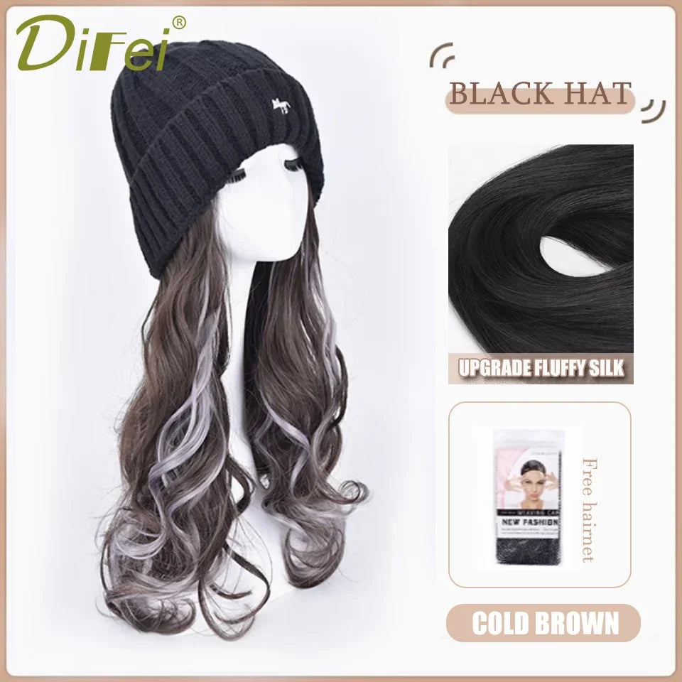 DIFEI Hat Wig One Female Synthetic Wig Fashion Warm Black And White Diamond Lattice Winter Knitted Hat Wave Curly Hair Hat Wig