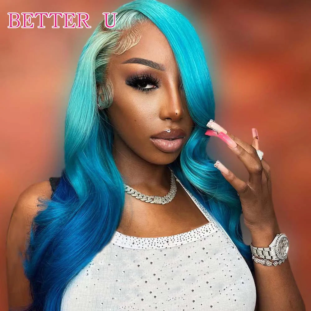 Ombre Blue Human Hair Wig Body Wave 13x4 13x6 Transparent Lace Front Wigs For Women Pre Plucked Colored Brazilian Remy Hair
