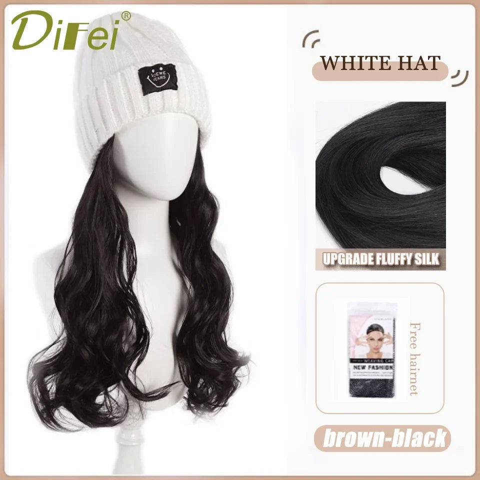 DIFEI Hat Wig One Female Synthetic Wig Fashion Warm Black And White Diamond Lattice Winter Knitted Hat Wave Curly Hair Hat Wig