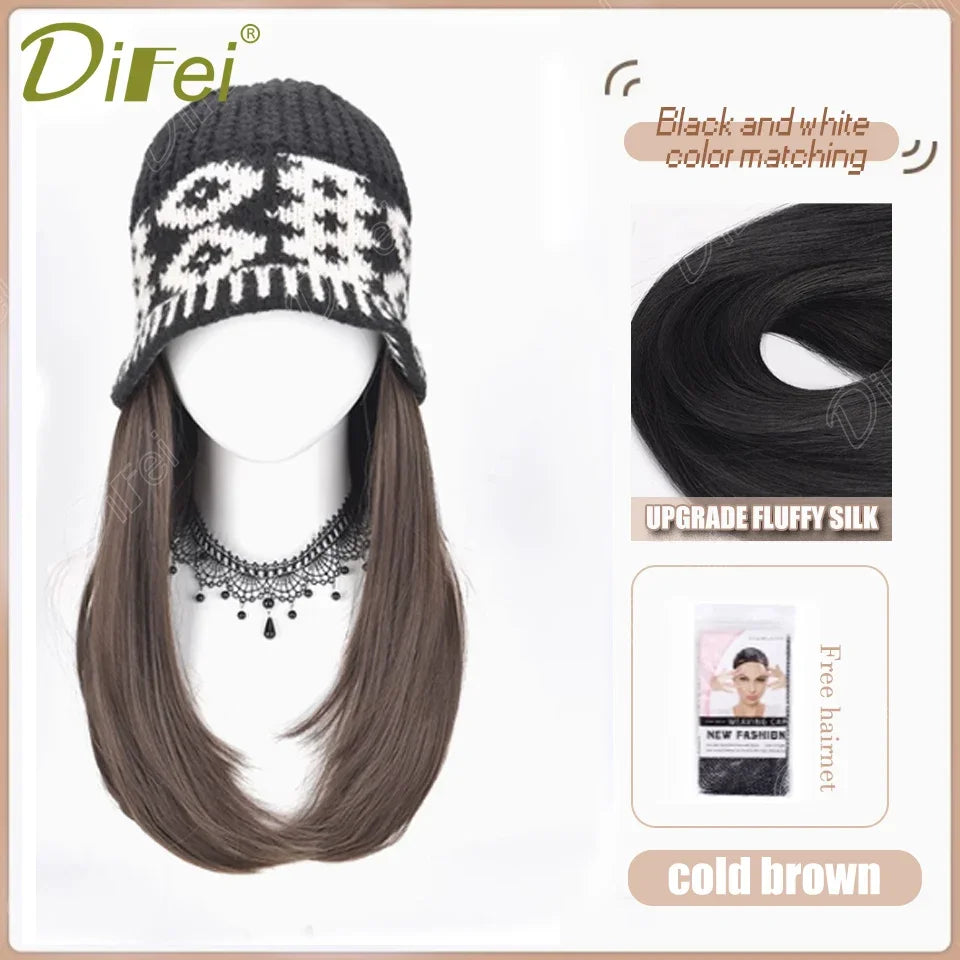DIFEI Hat Wig One Female Synthetic Wig Fashion Warm Black And White Diamond Lattice Winter Knitted Hat Wave Curly Hair Hat Wig