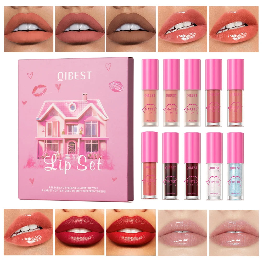 QIBEST Lips Makeup Set Matte Velvet Liquid Lipstick Lip Gloss Non-Sticky Lip Oil Glaze Moisturizing Lip Tint Balm Cosmetics Kits