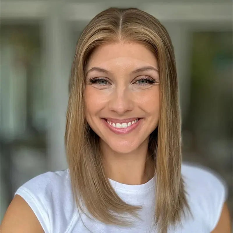 Ombre Blonde with Brown Streaks Synthetic HD Lace Front Wig Short Straight Glueless Bob Wig for White Women Daily Party Use
