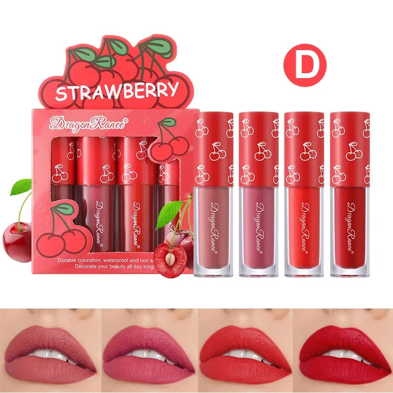 4Pcs/Set Mini Velvet Matte Lip Gloss Non-Stick Cup Lipstick Long-Lasting Fruit Scented Lip Tint Lip Glaze Lips Makeup Cosmetics