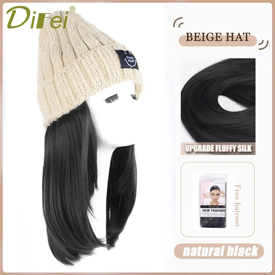 DIFEI Hat Wig One Female Synthetic Wig Fashion Warm Black And White Diamond Lattice Winter Knitted Hat Wave Curly Hair Hat Wig
